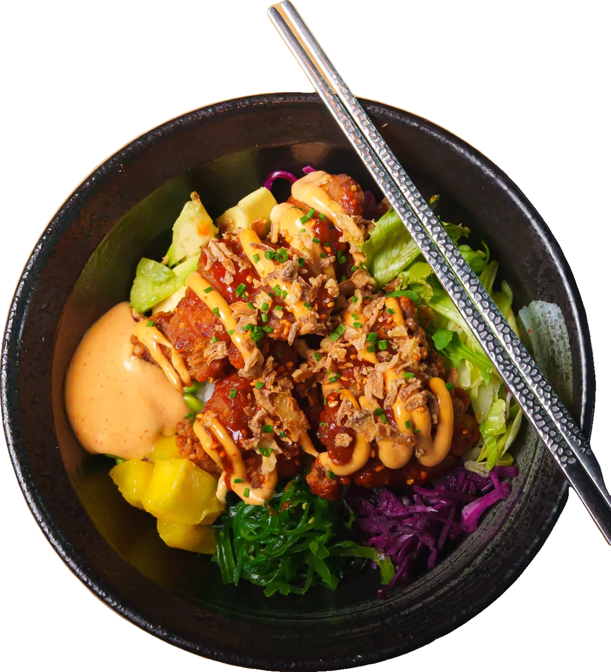 A colourful Bōru rice bowl with chopsticks